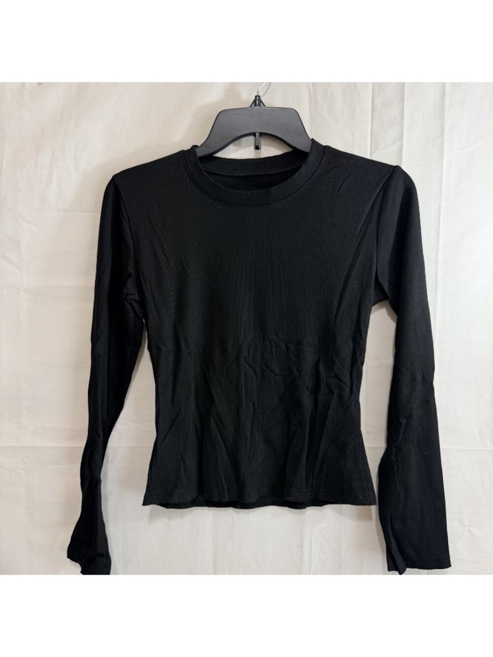 Women’s Black Ribbed Long Sleeve Crewneck Stretch T-Shirt Small